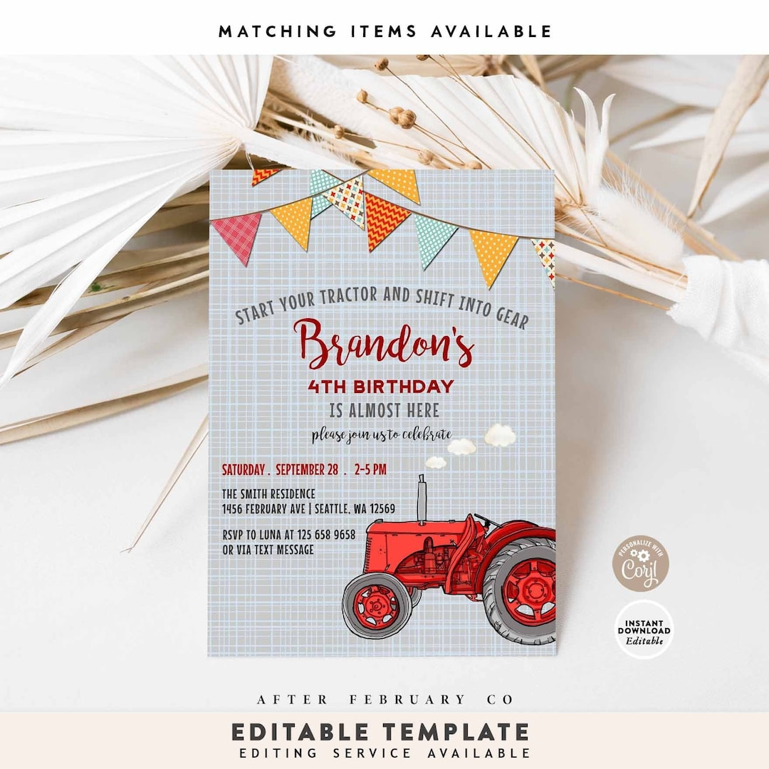 EDITABLE Red Tractor Birthday Invitation Boy Farm Birthday Red Tractor ...