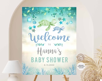 EDITABLE Sea Turtle Baby Shower Welcome Sign Under the Sea Baby Shower Decorations Boy Sign Printable Template Instant Download 1204