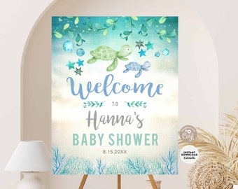 EDITABLE Sea Turtle Baby Shower Welcome Sign Under the Sea Baby Shower Decorations Boy Sign Printable Template Instant Download 1204