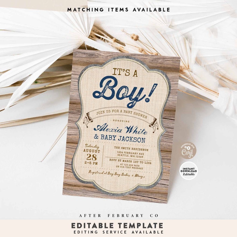 EDITABLE Boy Rustic Baby Shower It's A Boy Wood Forest Cottage Vintage Rustic Boy Baby Shower Invite Template Instant Download 709V1 image 1