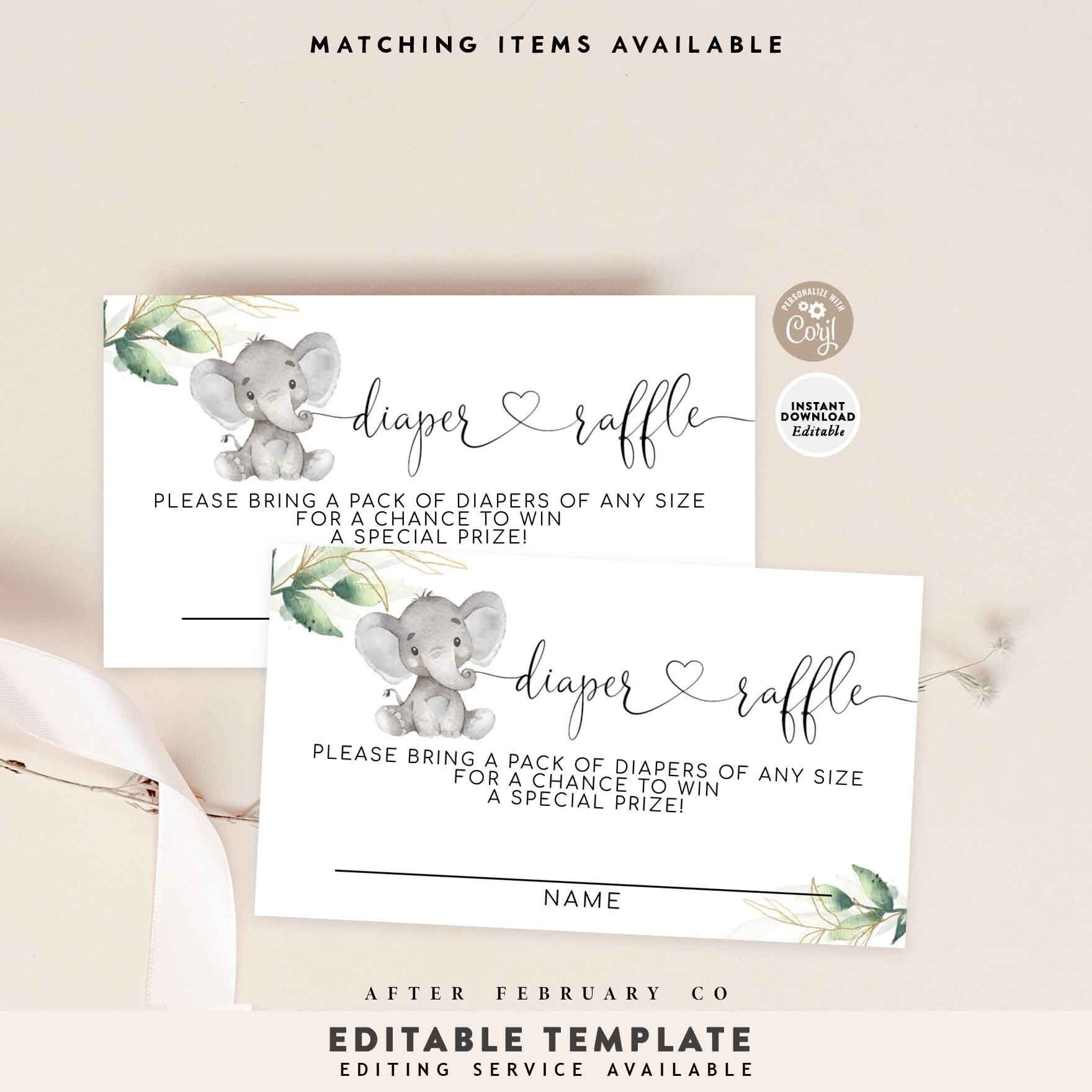 EDITABLE Greenery Gold Elephant Diaper Raffle Ticket Printable Gender  Neutral Baby Shower Insert Template Instant Download 1302V1 - Etsy, image size:1760x1760