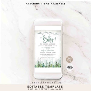 May include: A digital invitation for a baby shower with a watercolor illustration of a mountain range and pine trees. The text reads "Oh Boy! The greatest adventure is about to begin. Join us for a baby shower honoring Cody and Leah Wittison. Saturday, March 18, 2:30 PM. After February Cafe, 1234 After February Road, Seattle, WA. RSVP to Luna at 123-456-7890. Registered at Sweet Baby Shop and Mary's"