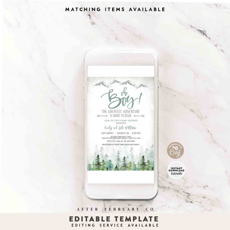May include: A digital invitation for a baby shower with a watercolor illustration of a mountain range and pine trees. The text reads "Oh Boy! The greatest adventure is about to begin. Join us for a baby shower honoring Cody and Leah Wittison. Saturday, March 18, 2:30 PM. After February Cafe, 1234 After February Road, Seattle, WA. RSVP to Luna at 123-456-7890. Registered at Sweet Baby Shop and Mary's"