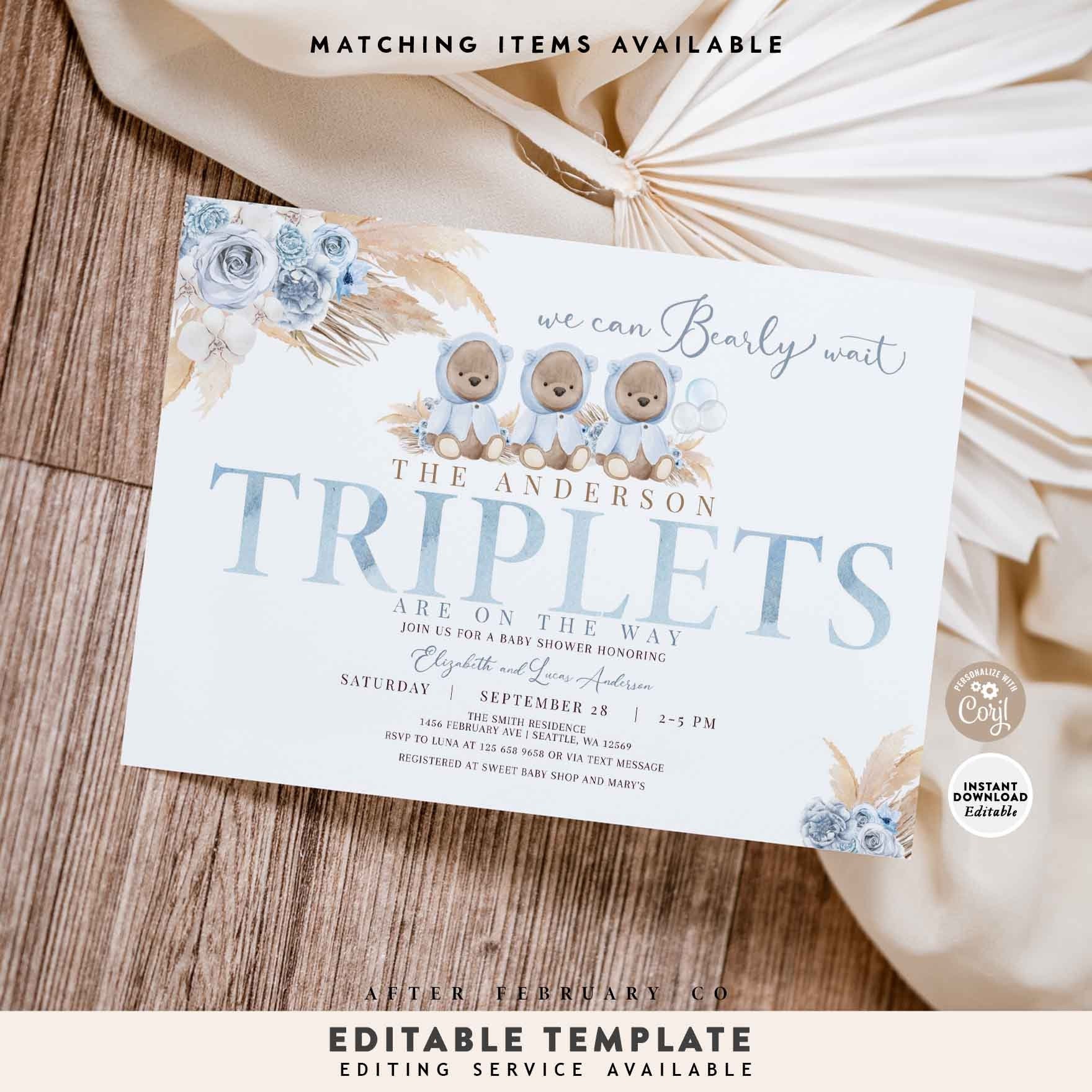 Party Supplies Banners & Signs Party Décor EDITABLE Boho Triplets Bear