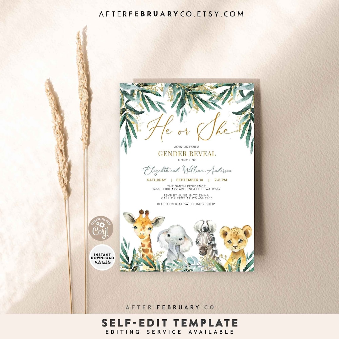 EDITABLE Safari Gender Reveal Party Invitation Gender Neutral African