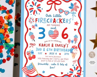 Girl 4th of July Little Firecracker 3rd and 6th Joint Birthday Invitation Invite Template 350 (36)