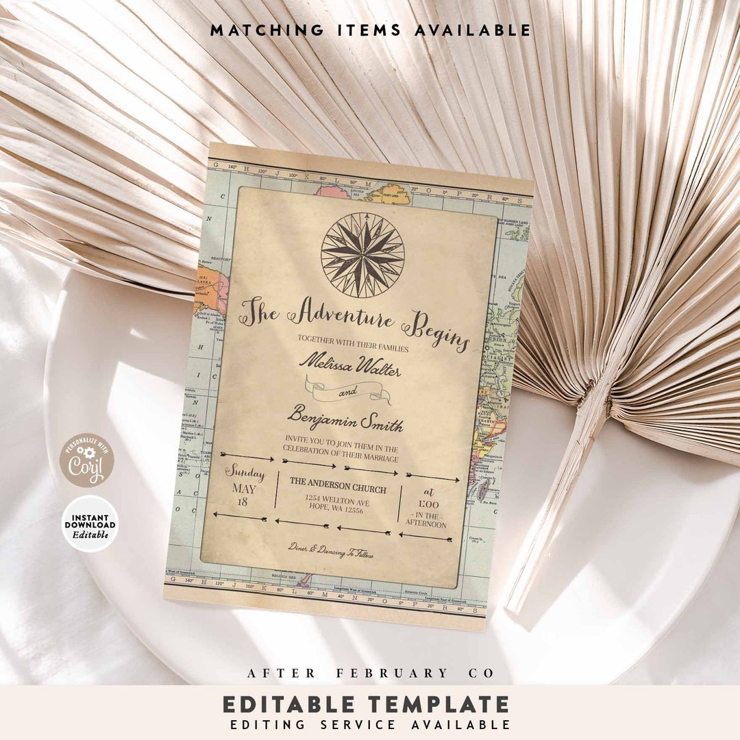 Editable Adventure Wedding Adventure Begins Traveling Map Compass ...