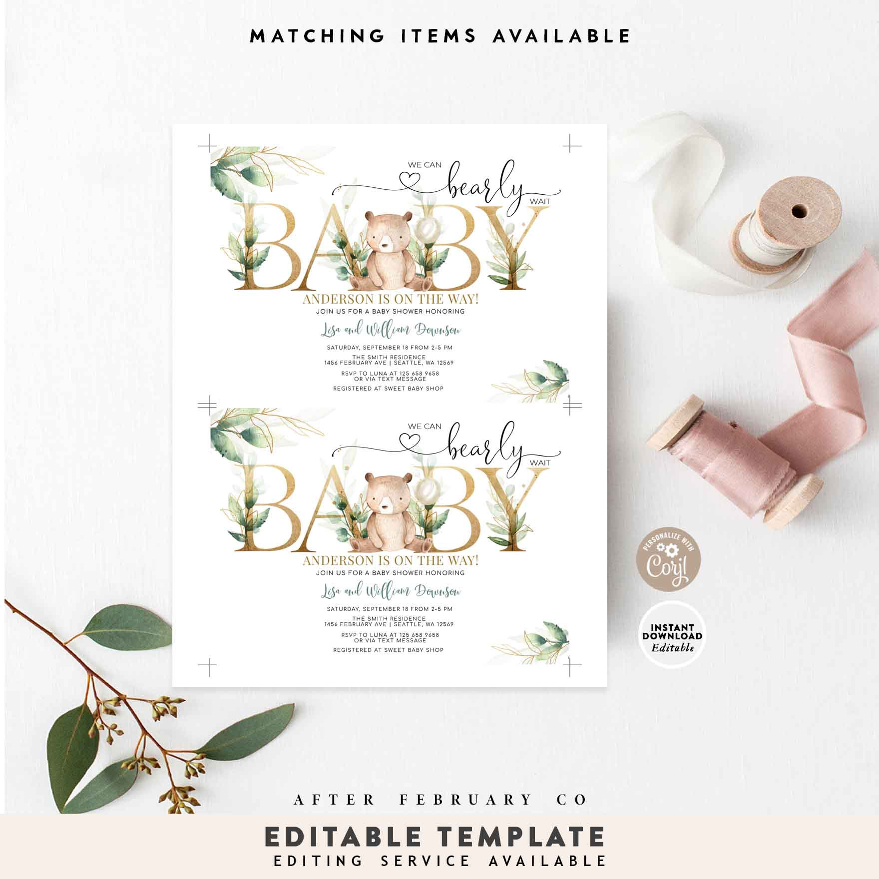 EDITABLE Greenery Gold We Can Bearly Wait Teddy Bear Baby Shower ...