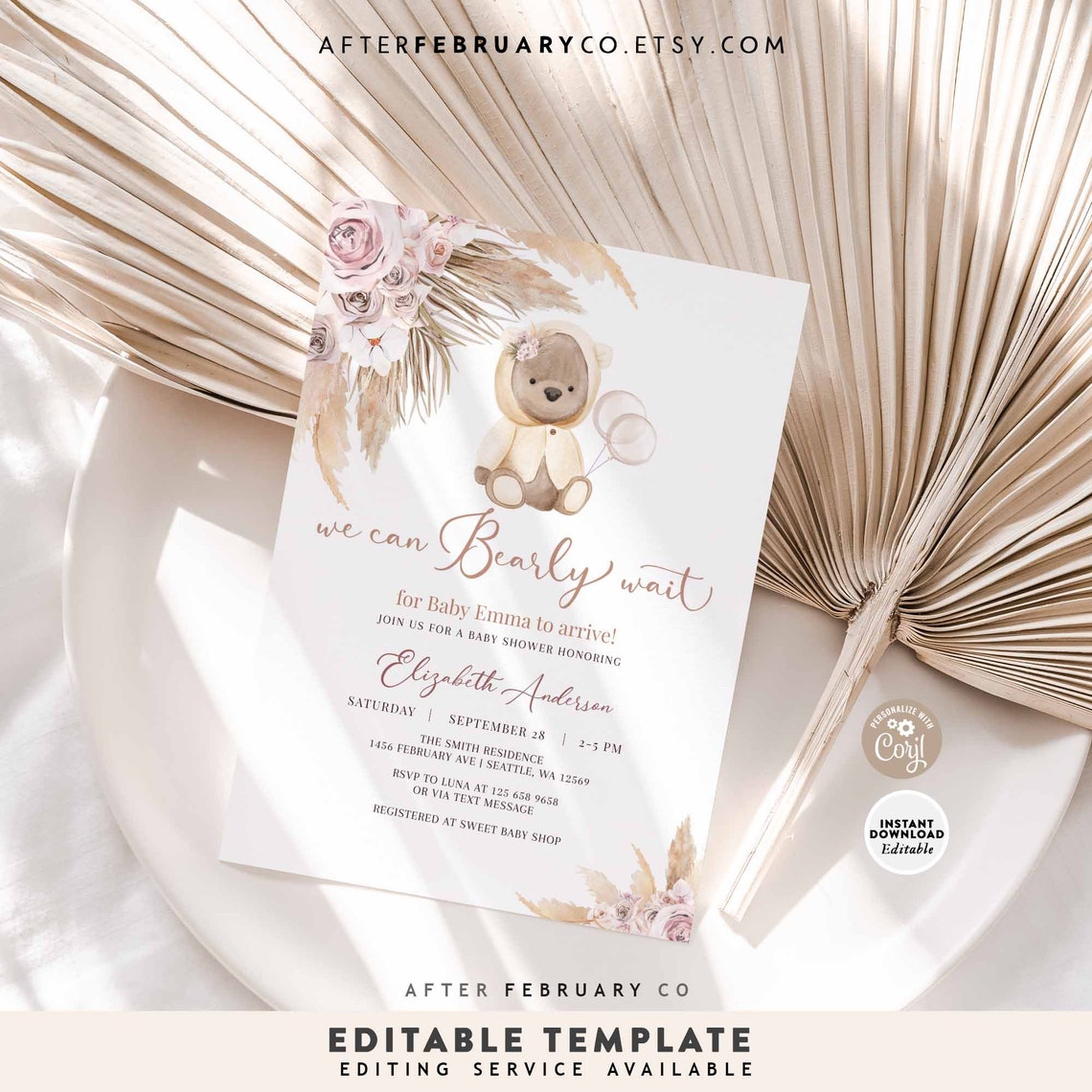 EDITABLE Boho Bear Baby Shower Invitation Girl Teddy Bear Etsy UK