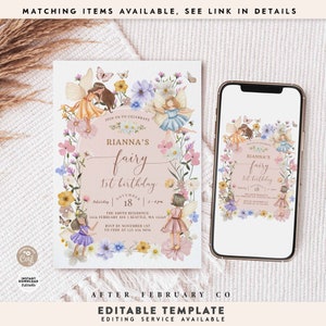 Pode incluir: Um convite imprim&iacute;vel para uma festa de primeiro anivers&aacute;rio com tema de fadas. O convite apresenta um fundo rosa com uma coroa de flores e tr&ecirc;s fadas. O texto do convite diz "Rianna's fairy 1st birthday" e inclui a data, a hora e o local da festa.