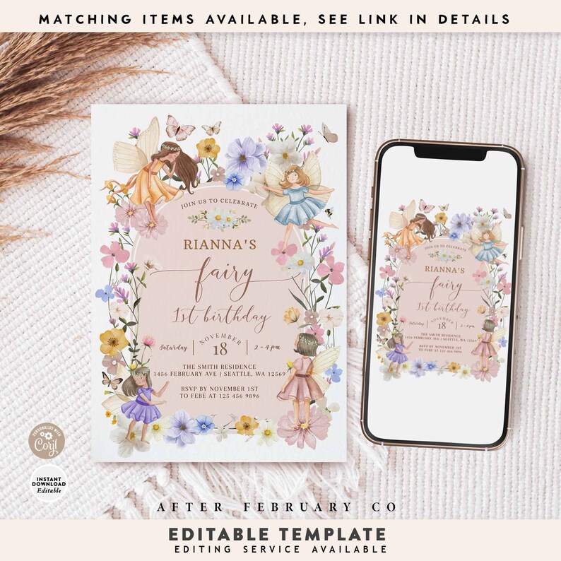 Pode incluir: Um convite imprim&iacute;vel para uma festa de primeiro anivers&aacute;rio com tema de fadas. O convite apresenta um fundo rosa com uma coroa de flores e tr&ecirc;s fadas. O texto do convite diz "Rianna's fairy 1st birthday" e inclui a data, a hora e o local da festa.