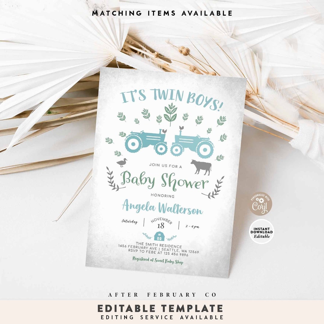 EDITABLE Blue Tractor Twins Baby Shower Invitation Egg Blue Farm Barn ...