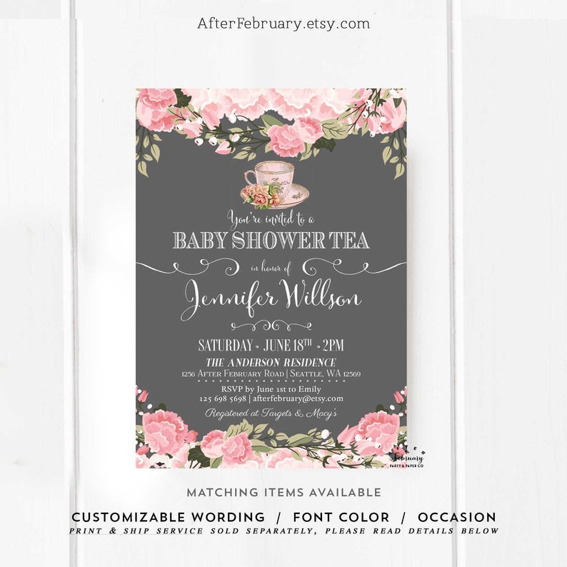 Blush Pink Baby Shower Tea Party Invitation Girl Dark Gray Etsy Blush Pink Baby Shower Tea Party Invitation Girl Dark Gray Etsy