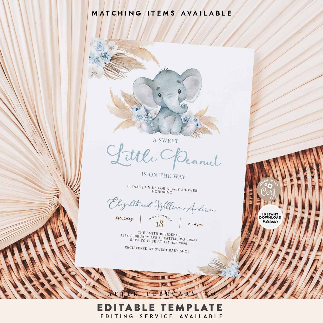 EDITABLE Blue Pampas Grass Boho Elephant Baby Shower Boy Baby Shower ...