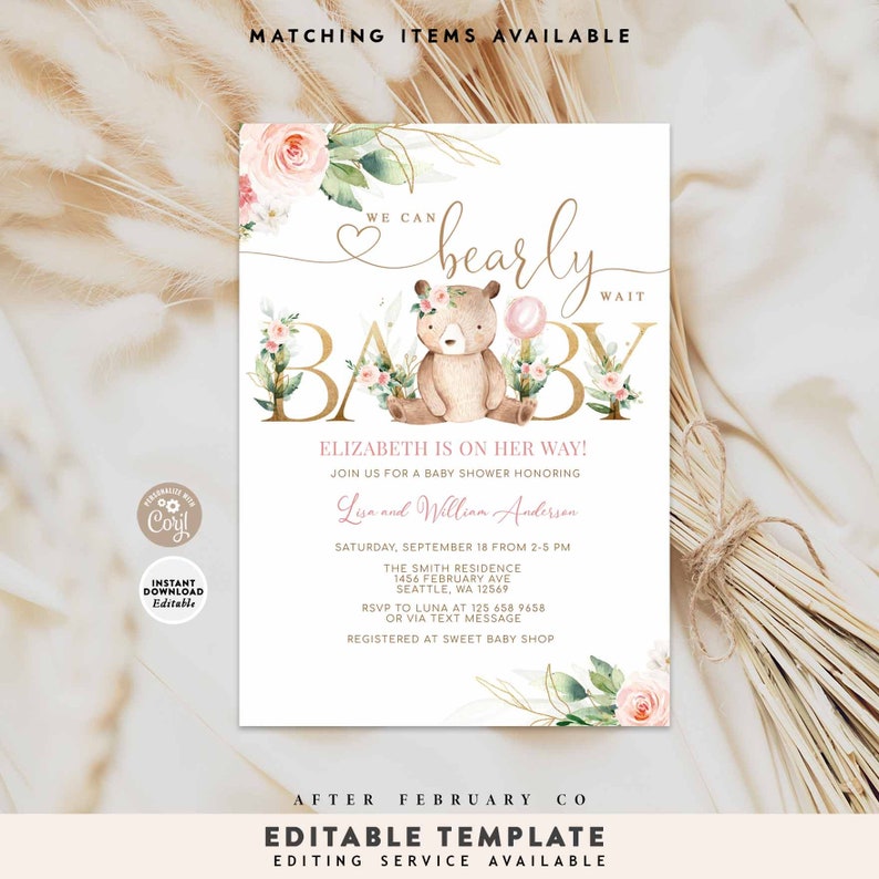 EDITABLE Pink Floral Greenery Gold We Can Bearly Wait Girl - Etsy