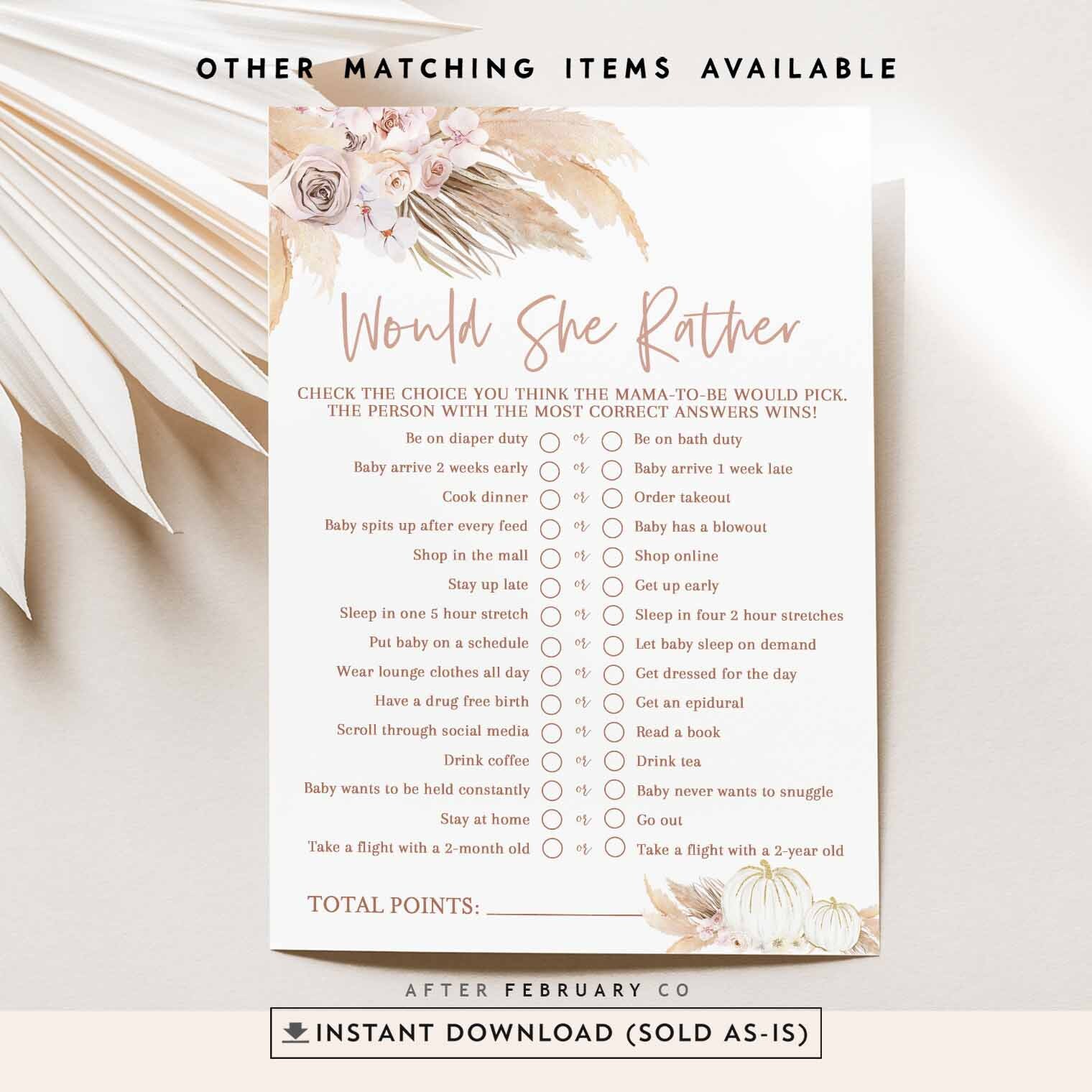 Pampas Grass Pink White Pumpkin Baby Shower Would She Rather - Etsy