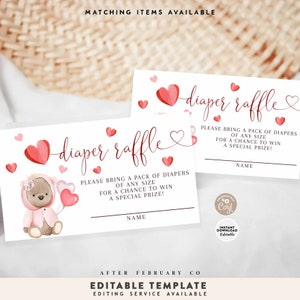 EDITABLE Valentine Pink Boho Teddy Bear Diaper Raffle Ticket Printable Pampas Bear Baby Shower ...