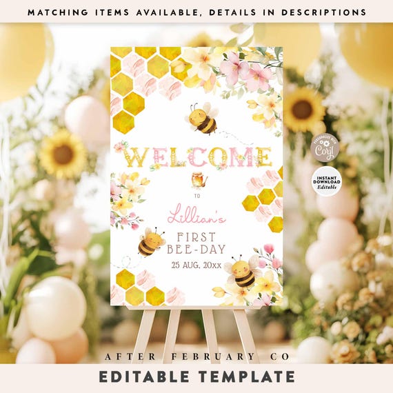Editable Bumble Honey Bee Birthday Welcome Sign: Template Printable, 24x36" +More Sizes 142K1