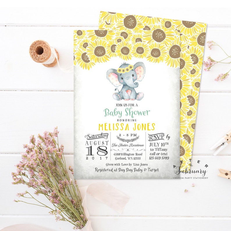 Sunflower Elephant Baby Shower Invitations Girl Little Peanut Etsy
