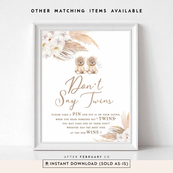 TWINS Cream Beige  Pampas Grass Boho Teddy Bear Twins Baby Shower Don't Say Twins Game Neutral Bear Digital Printable Instant Download 400V9