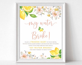 Lemon Baby Shower Game Sign: Pink Floral My Water Broke (Digital Download) 1214