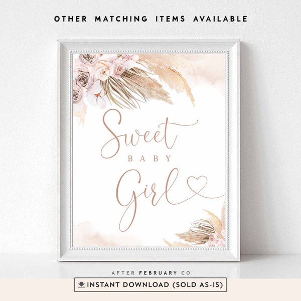 Pink Pampas Grass Boho Baby Shower Sweet Baby Girl Sign Boho Girl Shower Decor Decoration Digital Printable Instant Download 411V1