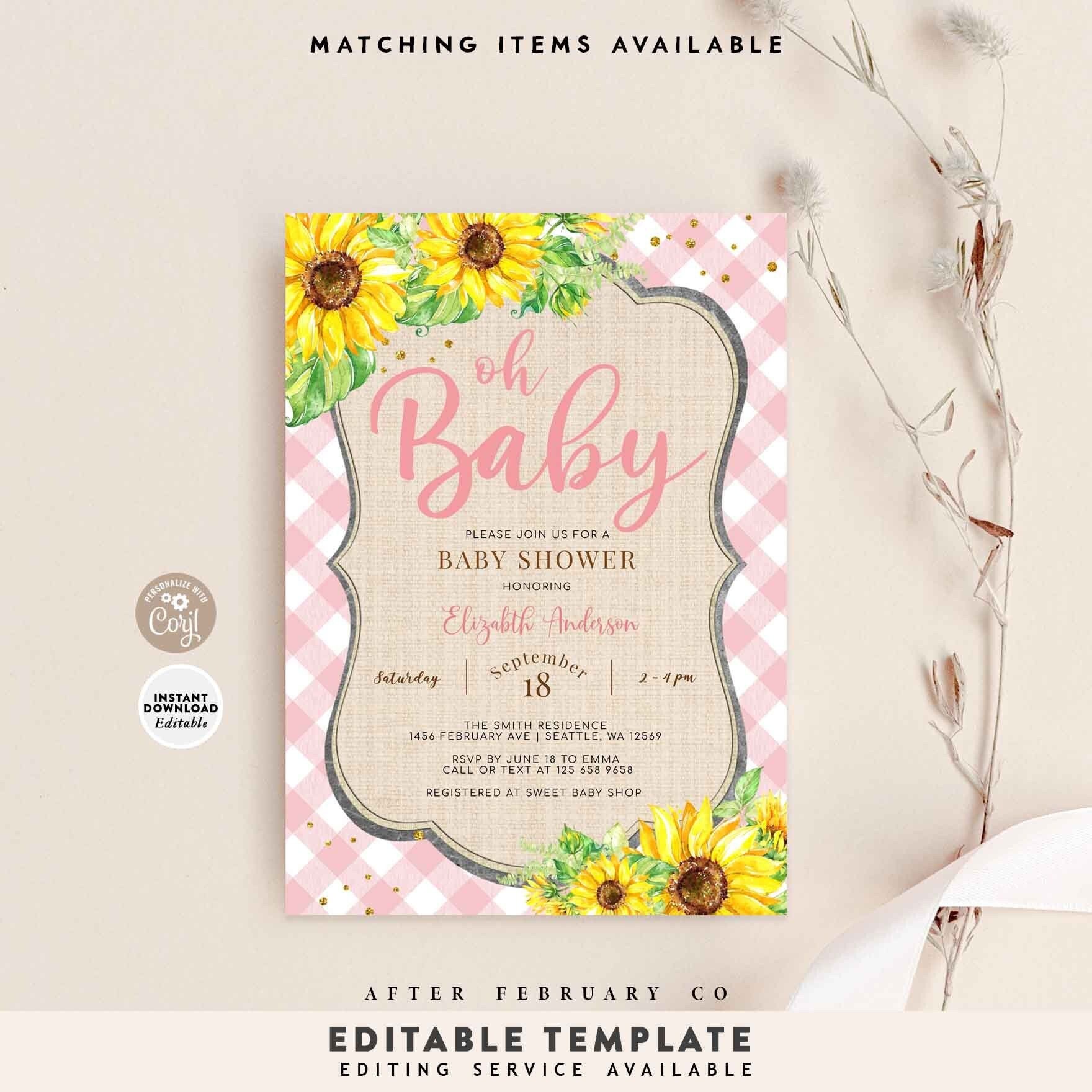 EDITABLE Rustic Sunflower Baby Shower Invitation Picnic Pink Gingham Baby Shower Brunch Invite Invites Template Instant