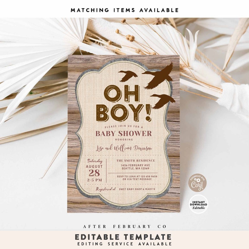 May include: A rustic baby shower invitation with a woodgrain background and a burlap texture. The invitation features a brown and white design with the text "Oh Boy!" and a flying duck silhouette. The invitation includes the date, time, and location of the baby shower.