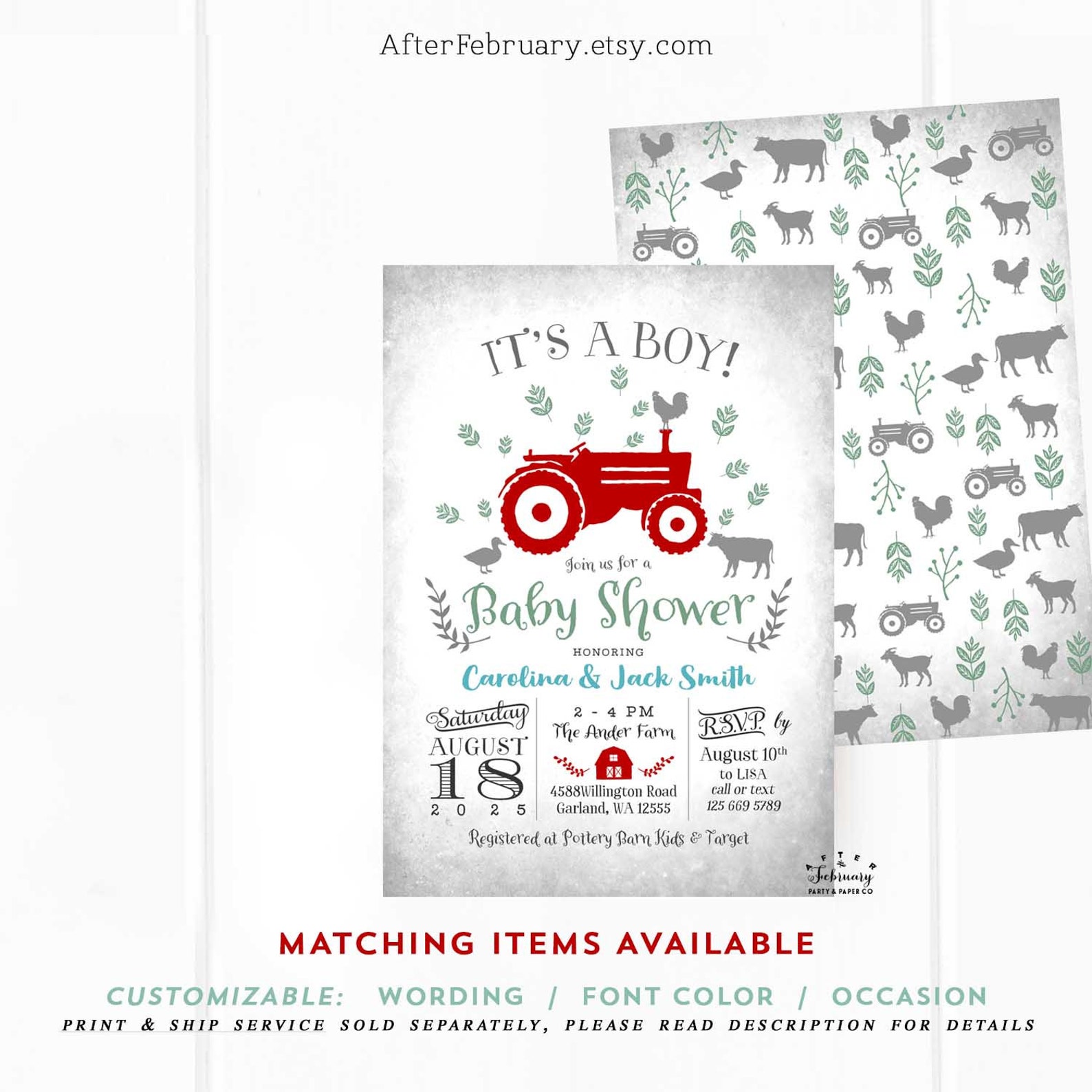 Red Tractor Baby Shower Invitation Boy Farm Barn Animal Red Etsy