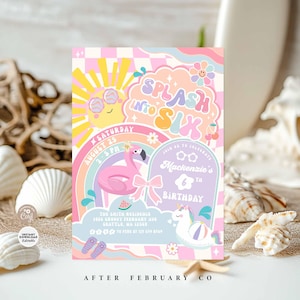 Groovy Splash into Six 6th Birthday Pool Party Invitation Girly Summer Pool Splash Pad Party Invite Digital Template