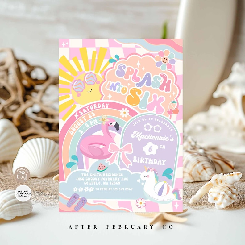 Groovy Splash into Six 6th Birthday Pool Party Invitation Girly Summer Pool Splash Pad Party Invite Digital Template