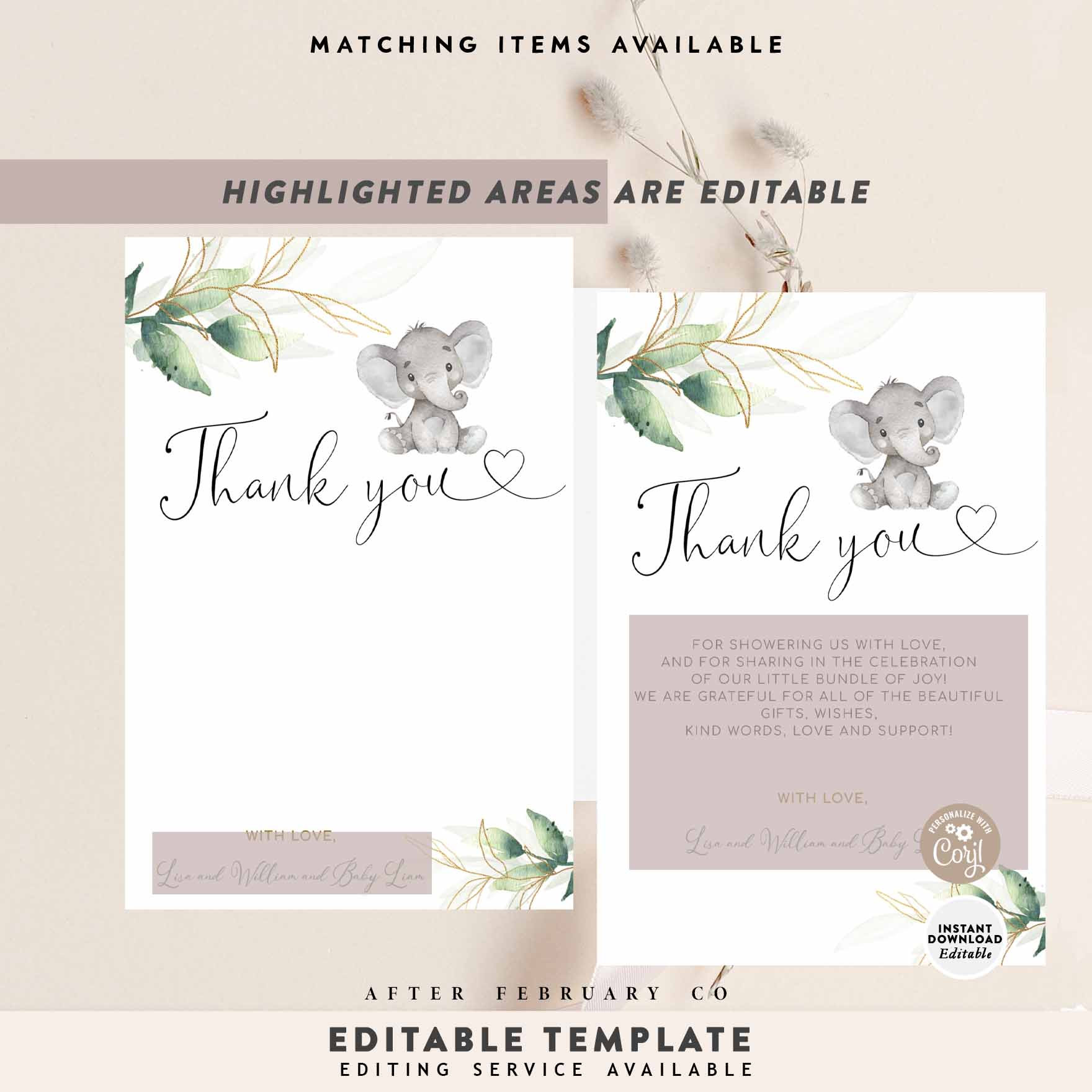 EDITABLE Greenery Gold Gender Neutral Elephant Thank You Flat Card ...