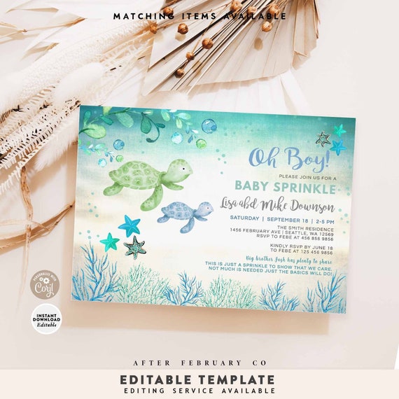 EDITABLE Sea Turtle Baby Boy Shower Invitation Oh Boy Mint Blue Teal Turtle Baby Sprinkle Invite Digital Printable Instant Download 1204 (2)