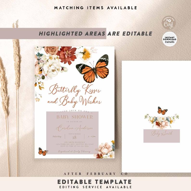 EDITABLE Monarch Butterfly Baby Shower Sprinkle Invitation Garden Wildflower Butterfly Kisses Baby Wishes Invite Instant Download 276V1 1 image 2