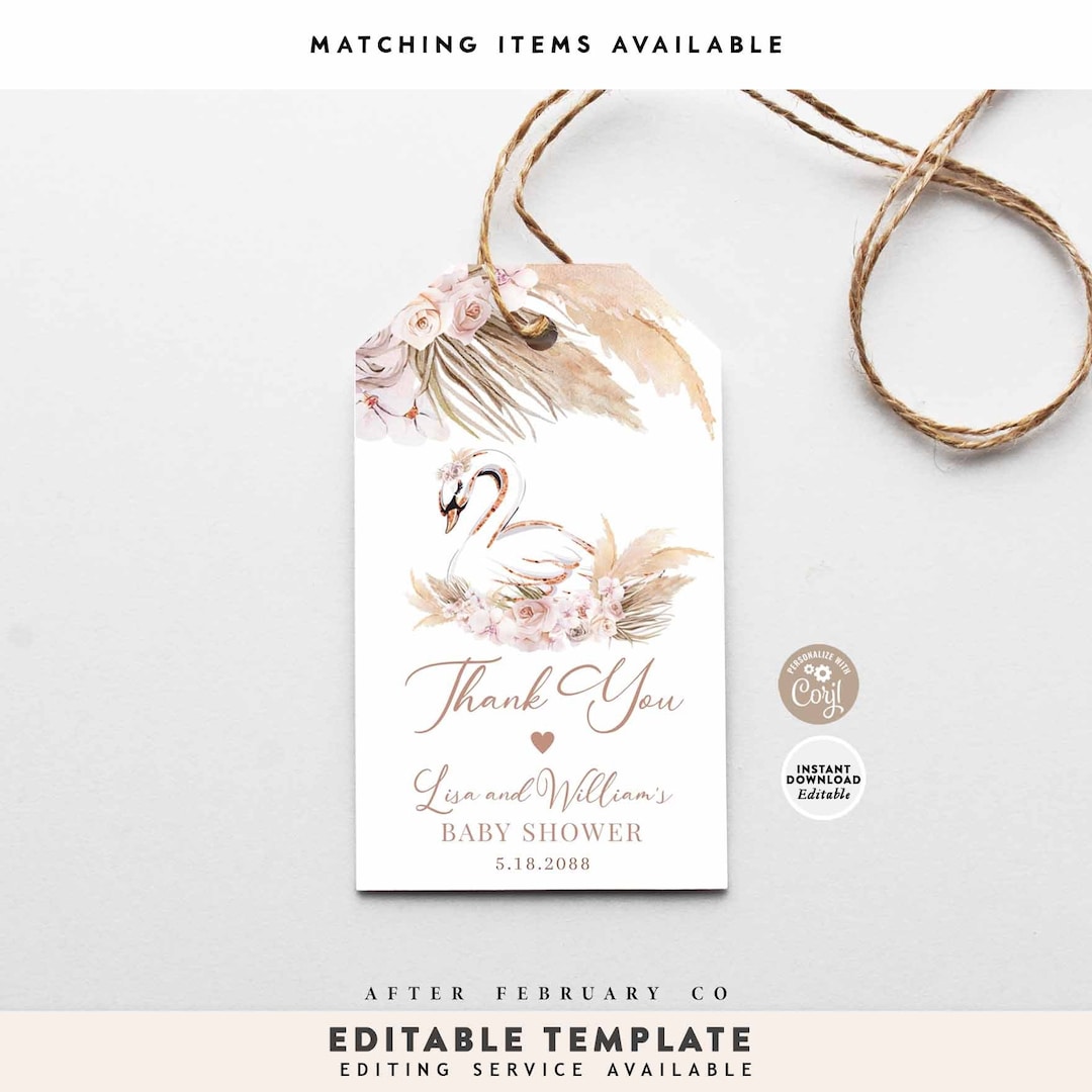 EDITABLE Pampas Grass Pink Boho Swan Thank You Favor Gift Tags Tag ...