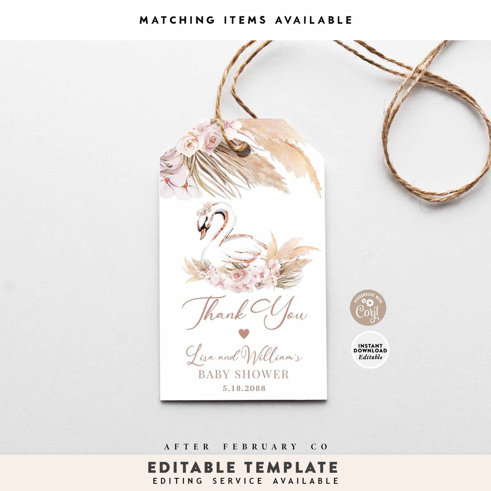 EDITABLE Pampas Grass Pink Boho Swan Thank You Favor Gift Tags - Etsy