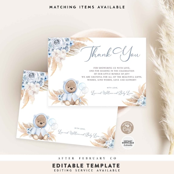 Blue Teddy Bear Thank You Card: Boho Boy Printable (Editable Template) 400V1