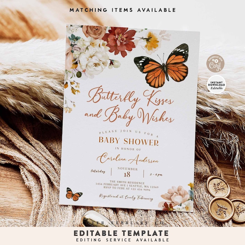 EDITABLE Monarch Butterfly Baby Shower Sprinkle Invitation Garden Wildflower Butterfly Kisses Baby Wishes Invite Instant Download 276V1 1 image 1