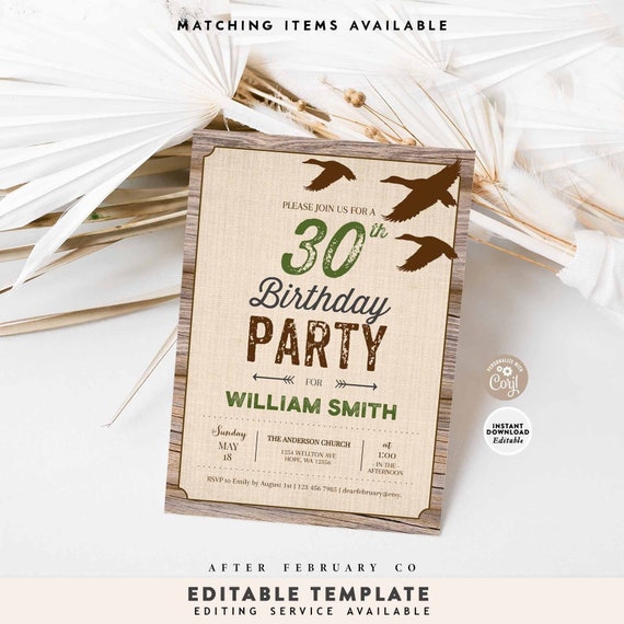 Editable ANY AGE Duck Hunting Adult Birthday Invitation Men Birthday Party Rustic Men Women Invite Printable Instant Download 983A2