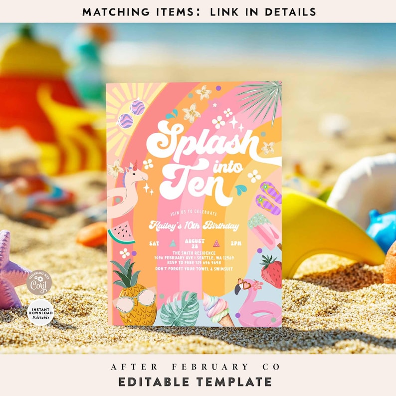 Splash Into TEN 10th Birthday Invitation: Rainbow Pool Party Invite ...