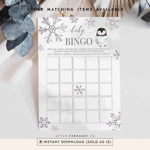 Snowflake Penguin Winter Baby Bingo Game Arctic Penguin Baby Shower Decorations Decor Games Digital Printable Instant Download 1325V1