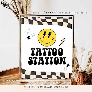 Smile Face Party Tattoo Station Tabliczka na stół Jeden szczęśliwy facet Dwóch szczęśliwych facetów Dekoracja urodzinowa Znak dekoracyjny Do druku SPRZEDAWANE TAK JAK JEST 104K1