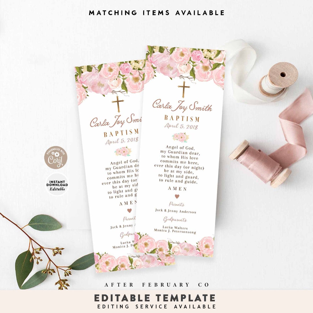 Editable Blush Pink and Gold Floral Prayer Bookmark 2.5x6.5" Baptism ...