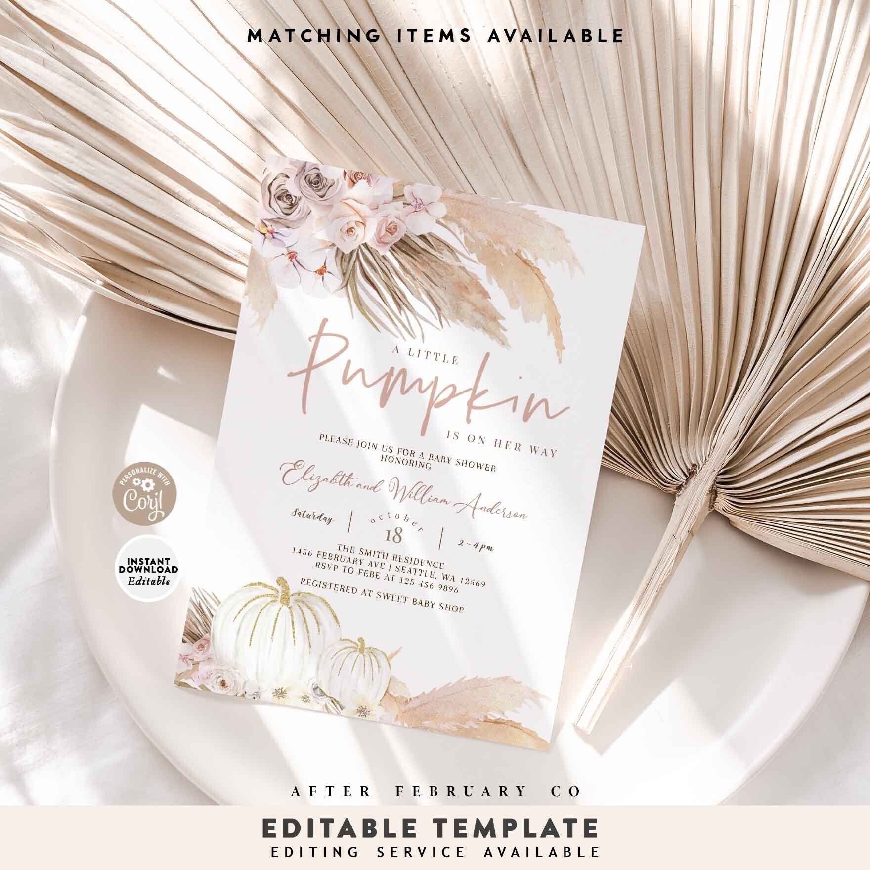 EDITABLE Pampas Grass Pink White Pumpkin Baby Shower Invitation Boho Baby Shower Invite Printable Instant Download 225V1 1