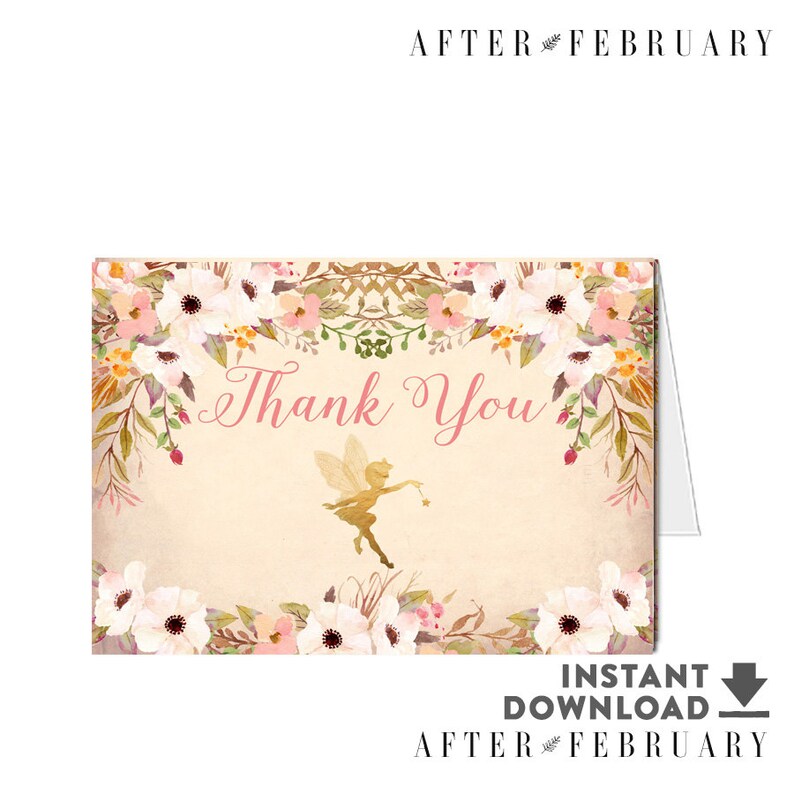 Fairy 5x3.5 Folded Thank You Card Printable Floral Fairy Etsy