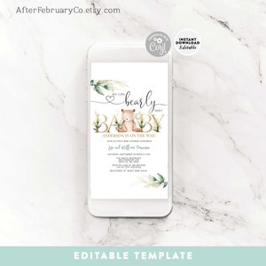 EDITABLE Greenery Gold We Can Bearly Wait Teddy Bear Baby Shower ...