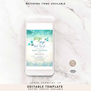 Może przedstawiać: Smartfon wyświetla zaproszenie na baby shower z ż&oacute;łwiami morskimi, rozgwiazdami i napisem "Oh Boy!". Zaproszenie zawiera szczeg&oacute;ły wydarzenia. Tekst "Editable Template" znajduje się na dole.