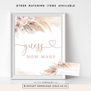Juego de cartas y letreros para baby shower de niña con hierba de pampa rosa estilo bohemio, actividad imprimible digital, descarga instantánea 411V1