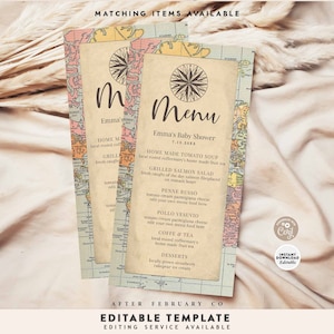 EDITABILE Avventura di viaggio in tutto il mondo Baby Shower Compleanno Menu di nozze 4x8 "Menu Modello stampabile Download istantaneo 1269