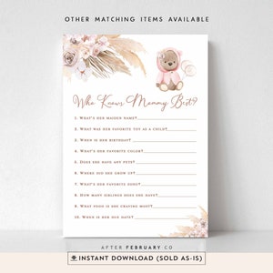 Pampas Grass Pink Boho Teddy Bear Who Knows Mommy Miglior gioco di carte Baby Shower Pink Girl Bear Gioco Digitale stampabile Download immediato 400V2